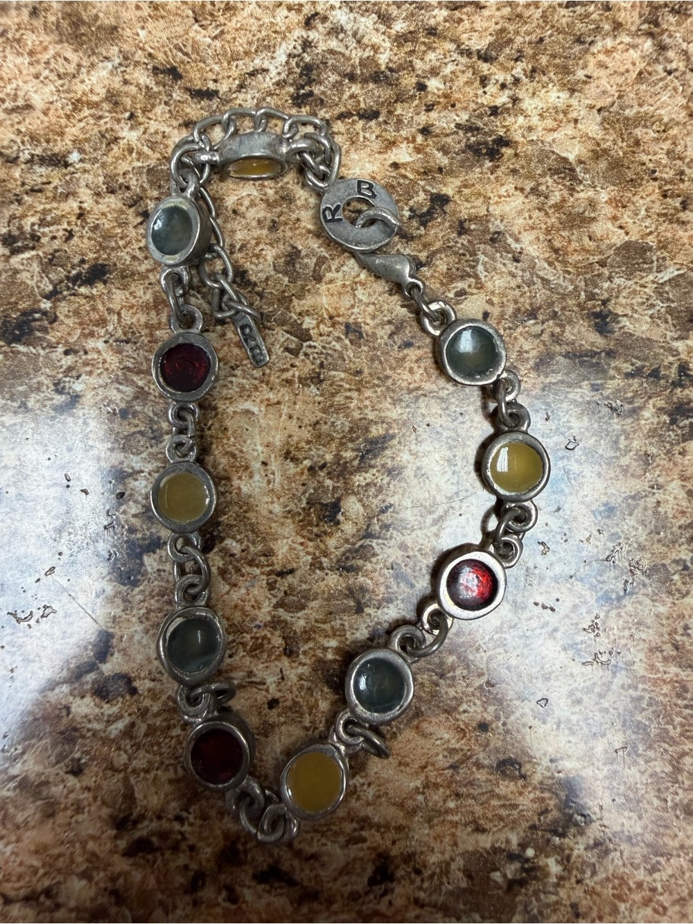 Vintage RB Signed Multicolor Cabochon Link Bracelet Silver Tone 7.75” Artisan